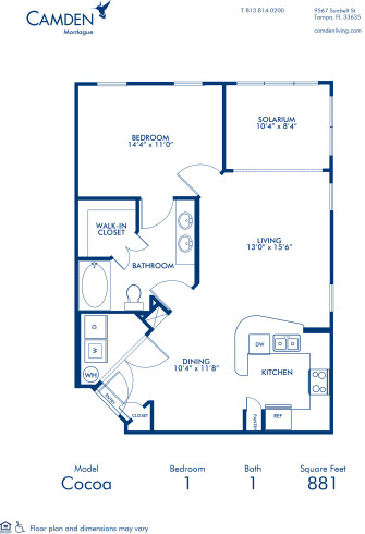 Blueprint of Cocoa Floor Plan, 1 Bedroom and 1 Bathroom at Camden Montague Apartments in Tampa, FL