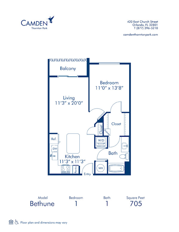 Blueprint of Bethune Floor Plan, one bedroom and one bathroom apartment home at Camden Thornton Park Apartments in Orlando, FL
