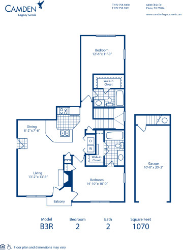 Blueprint of B3R Floor Plan, 2 Bedrooms and 2 Bathrooms at Camden Legacy Creek Apartments in Plano, TX