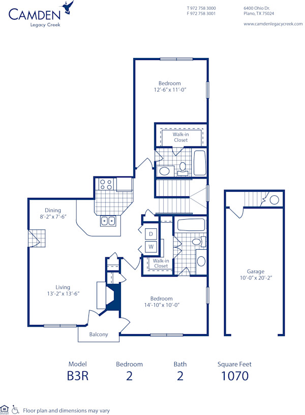 Blueprint of B3R Floor Plan, 2 Bedrooms and 2 Bathrooms at Camden Legacy Creek Apartments in Plano, TX