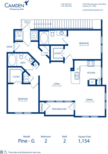 Blueprint of Pine - G Floor Plan, 2 Bedrooms and 2 Bathrooms at Camden Whispering Oaks Apartments in Houston, TX