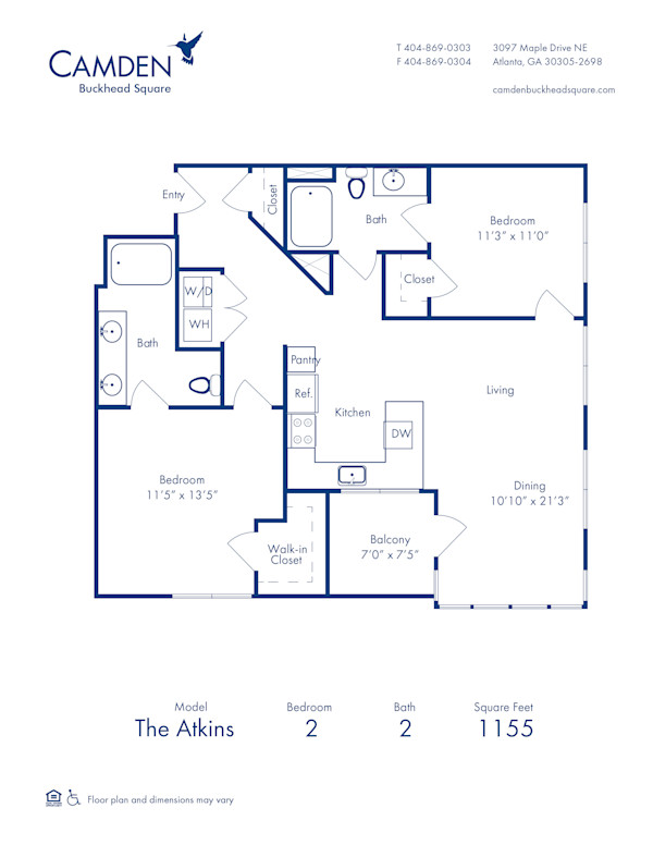 Blueprint of Atkins Floor Plan, 2 Bedroom and 2 Bathroom at Camden Buckhead Square Apartments in Atlanta, GA