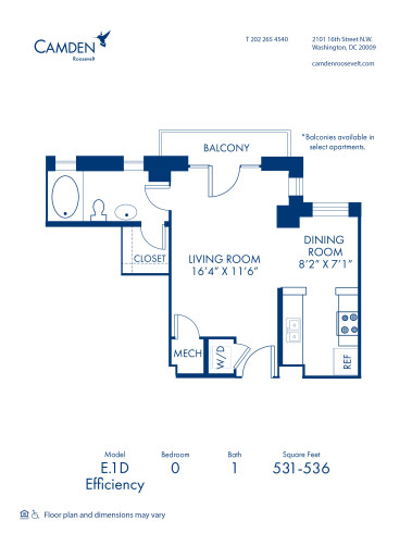 Blueprint of E.1D Floor Plan, Studio with 1 Bathroom at Camden Roosevelt Apartments in Washington, DC