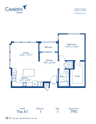 Blueprint of The A1 Floor Plan, 1 Bedroom and 1 Bathroom at Camden Foothills Apartments in Scottsdale, AZ