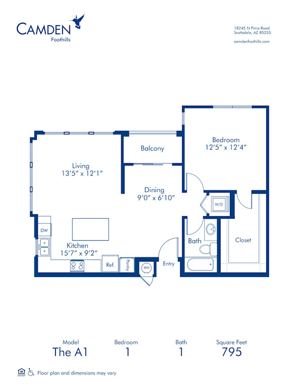 Blueprint of The A1 Floor Plan, 1 Bedroom and 1 Bathroom at Camden Foothills Apartments in Scottsdale, AZ