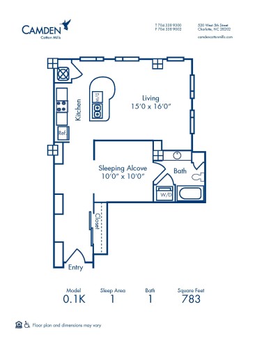 Blueprint of 0.1K Floor Plan, Studio with 1 Bathroom at Camden Cotton Mills Apartments in Charlotte, NC