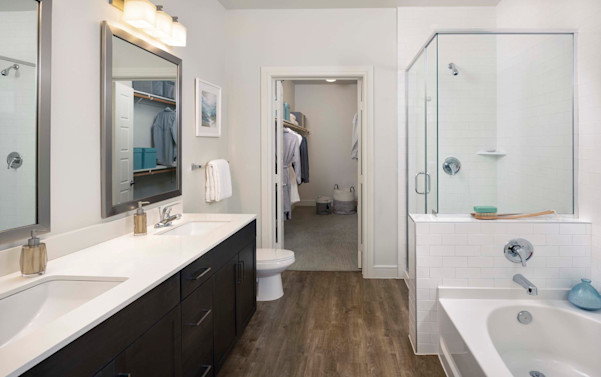 Flats Townhome bathroom with two sinks, bathtub, walk-in shower and spacious walk-in closet