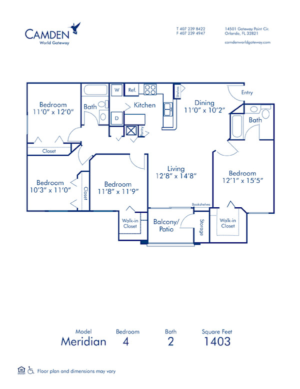 Blueprint of Meridian Floor Plan, 4 Bedrooms and 2 Bathrooms at Camden World Gateway Apartments in Orlando, FL