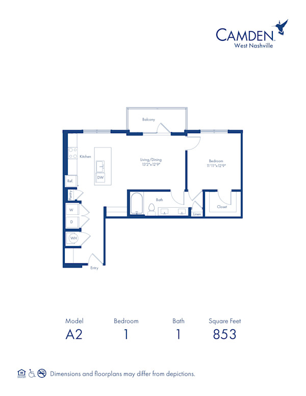 A2 floor plan, 1 bed x 1 bath apartment home at Camden West Nashville in Nashville, TN
