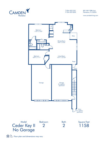 Blueprint of Cedar Key II - No Garage Floor Plan, 2 Bedrooms and 2 Bathrooms at Camden Plantation Apartments in Plantation, FL