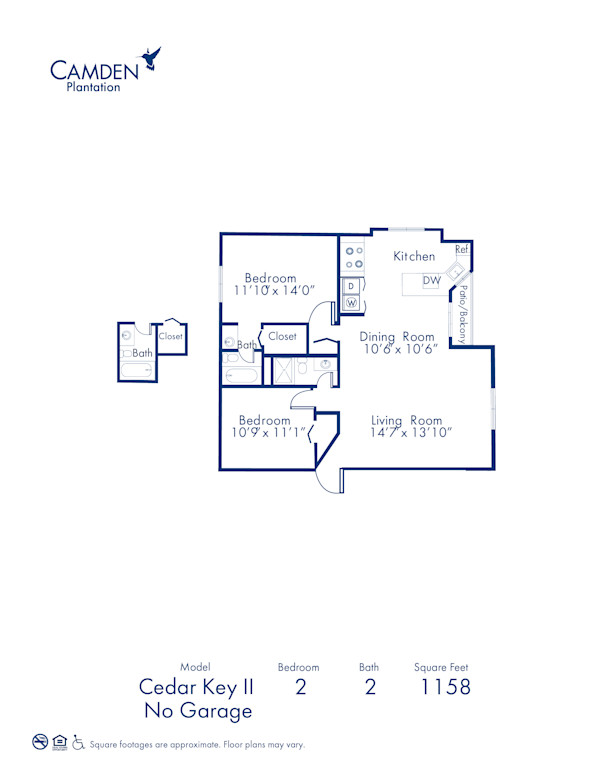 Blueprint of Cedar Key II - No Garage Floor Plan, 2 Bedrooms and 2 Bathrooms at Camden Plantation Apartments in Plantation, FL