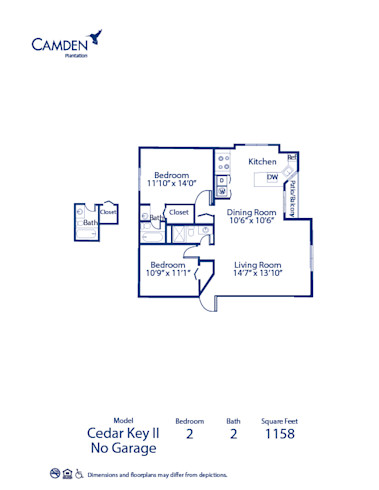 Blueprint of Cedar Key II - No Garage Floor Plan, 2 Bedrooms and 2 Bathrooms at Camden Plantation Apartments in Plantation, FL