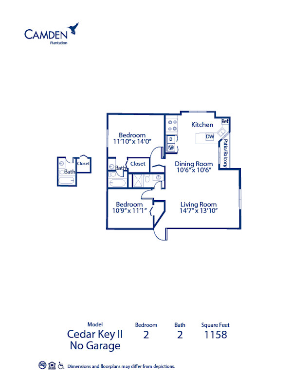 Blueprint of Cedar Key II - No Garage Floor Plan, 2 Bedrooms and 2 Bathrooms at Camden Plantation Apartments in Plantation, FL