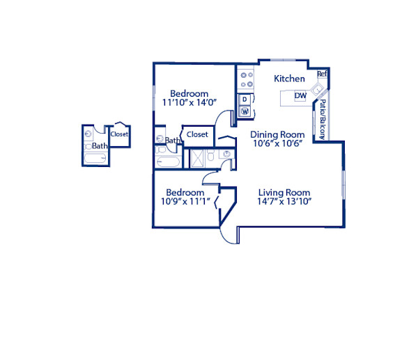Blueprint of Cedar Key II - No Garage Floor Plan, 2 Bedrooms and 2 Bathrooms at Camden Plantation Apartments in Plantation, FL