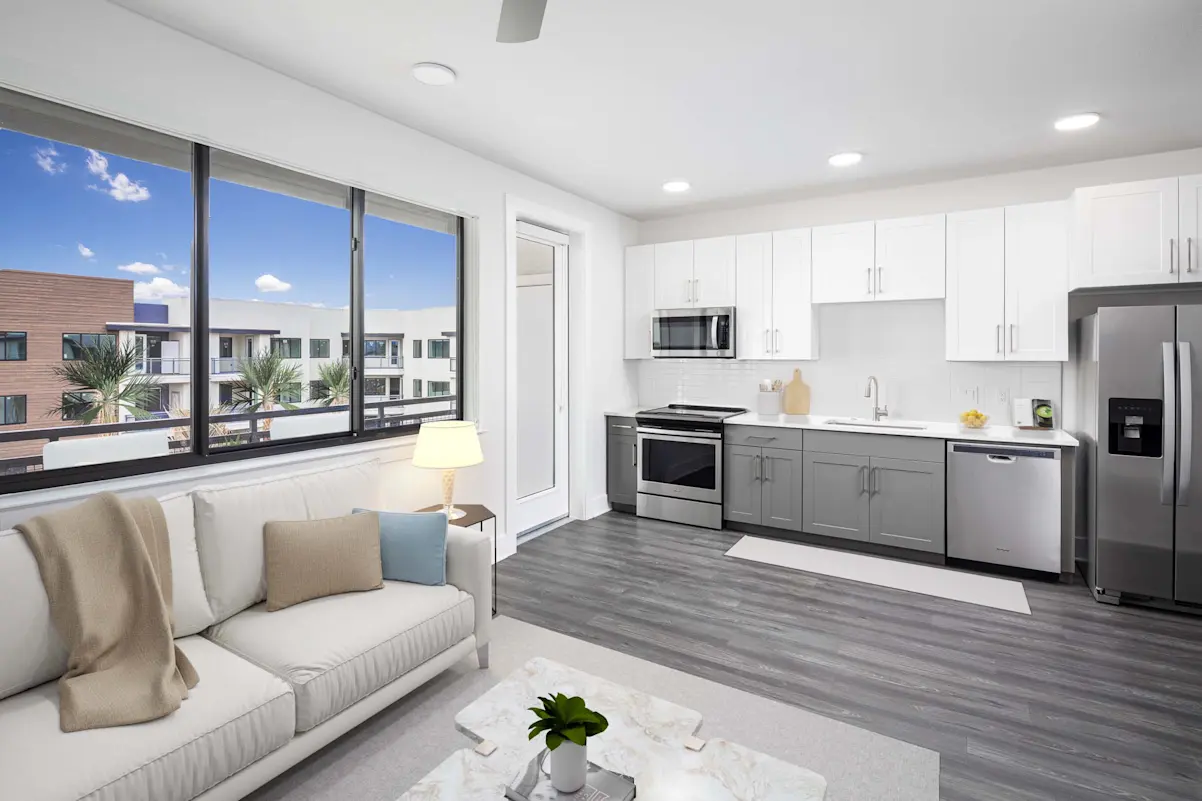 Furnished studio kitchen and living area at Camden North End.