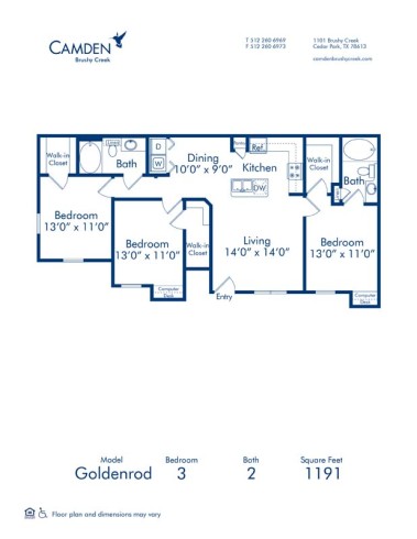 Blueprint of Goldenrod Floor Plan, 3 Bedrooms and 2 Bathrooms at Camden Brushy Creek Apartments in Cedar Park, TX