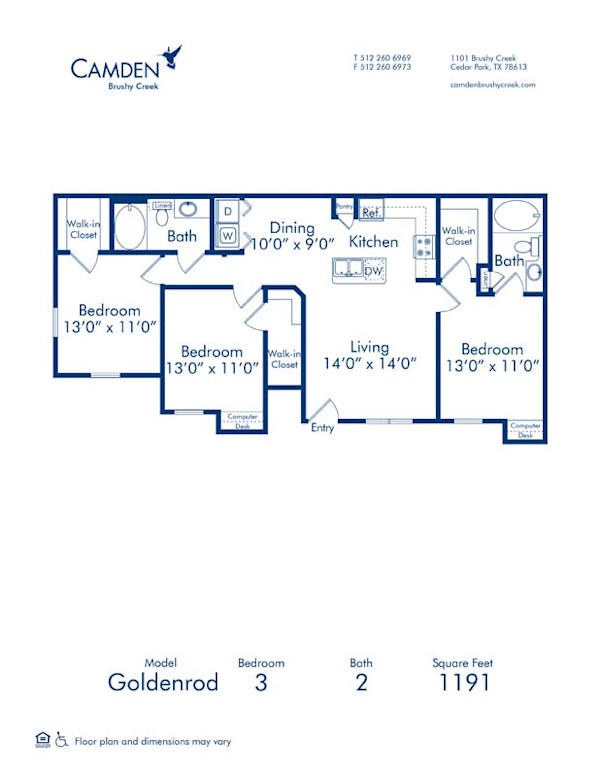 Blueprint of Goldenrod Floor Plan, 3 Bedrooms and 2 Bathrooms at Camden Brushy Creek Apartments in Cedar Park, TX