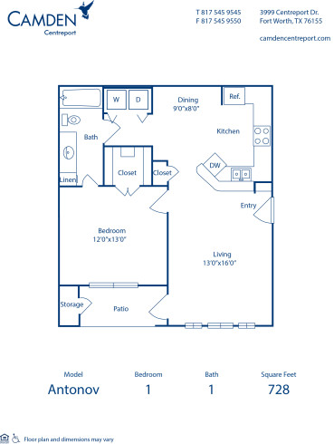 Blueprint of Antonov Floor Plan, 1 Bedroom and 1 Bathroom at Camden Centreport Apartments in Ft. Worth, TX
