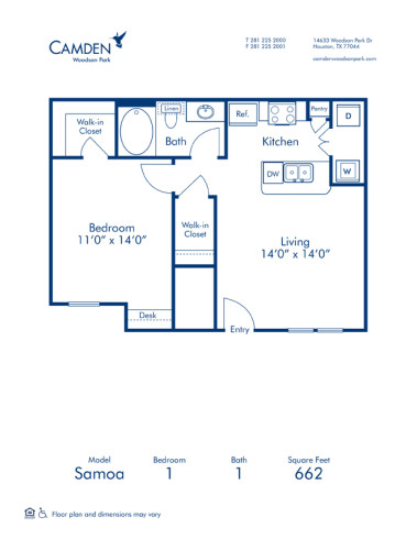 Blueprint of Samoa Floor Plan, 1 Bedroom and 1 Bathroom at Camden Woodson Park Apartments in Houston, TX