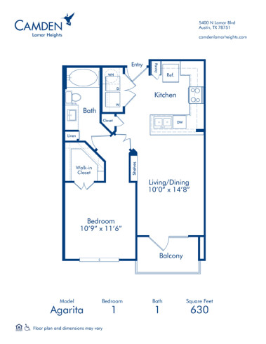 Blueprint of Agarita Floor Plan, Apartment Home with 1 Bedroom and 1 Bathroom at Camden Lamar Heights in Austin, TX