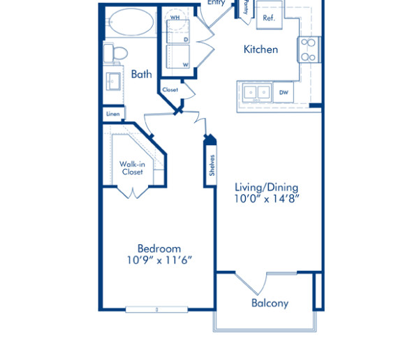 Blueprint of Agarita Floor Plan, Apartment Home with 1 Bedroom and 1 Bathroom at Camden Lamar Heights in Austin, TX