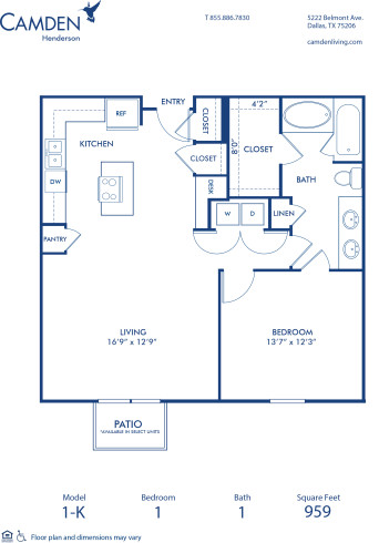 Blueprint of K Floor Plan, 1 Bedroom and 1 Bathroom at Camden Henderson Apartments in Dallas, TX