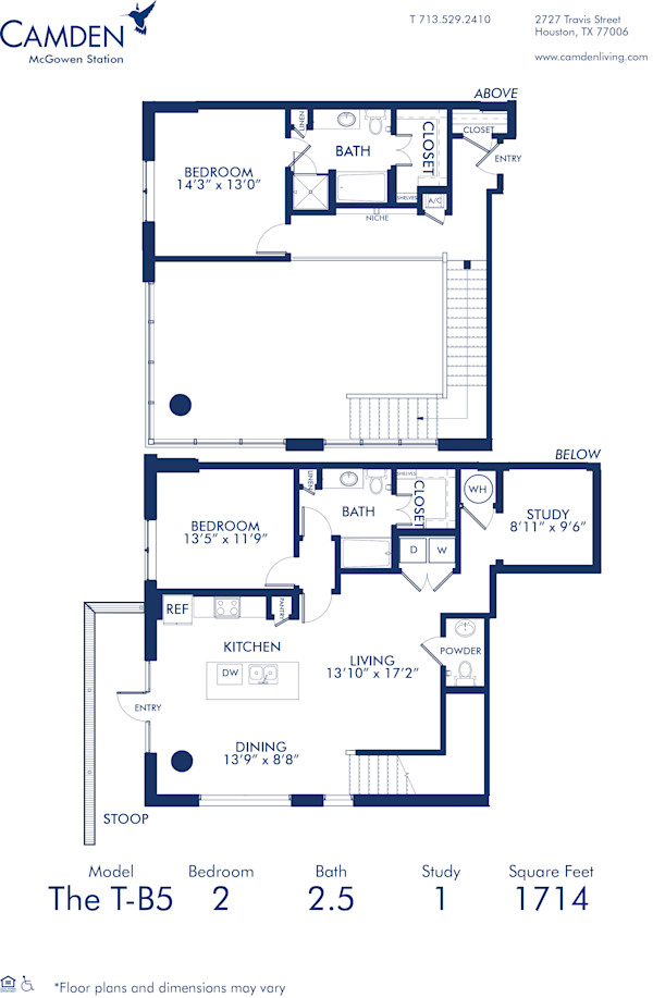 Blueprint of T-B5 Floor Plan at Camden McGowen Station Two Bedroom Townhomes in Midtown Houston