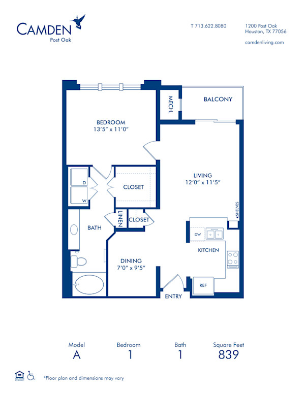 Blueprint of A Floor Plan, 1 Bedroom and 1 Bathroom at Camden Post Oak Apartments in Houston, TX
