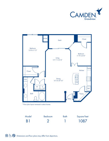 The Nantucket floor plan with 2 Bedrooms and 1 Bathroom at Camden Grandview in Charlotte, NC