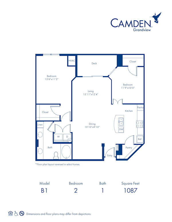 The Nantucket floor plan with 2 Bedrooms and 1 Bathroom at Camden Grandview in Charlotte, NC