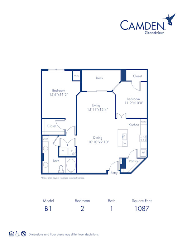 The Nantucket floor plan with 2 Bedrooms and 1 Bathroom at Camden Grandview in Charlotte, NC