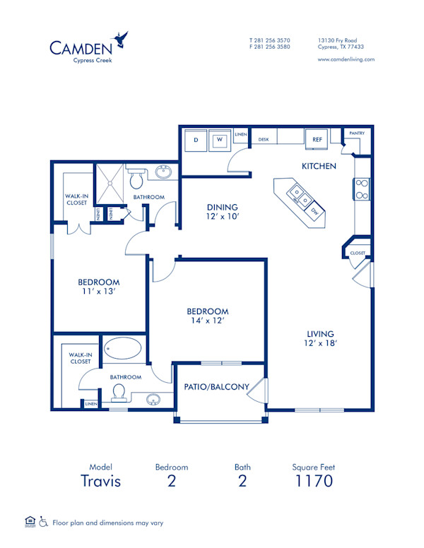 Blueprint of Travis Floor Plan, 2 Bedrooms and 2 Bathrooms at Camden Cypress Creek Apartments in Cypress, TX