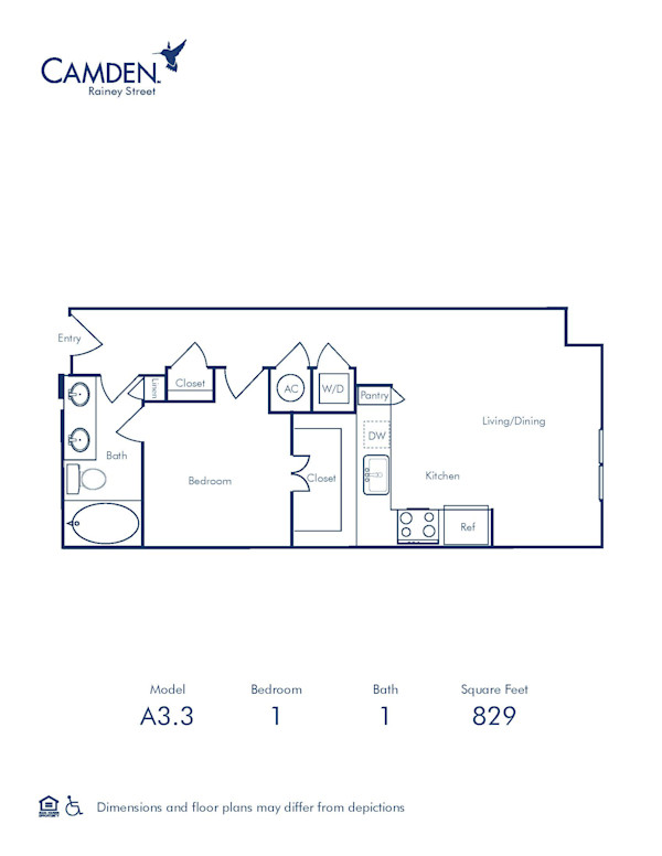 Camden Rainey Street apartments in Austin, TX one bedroom floor plan A3.3