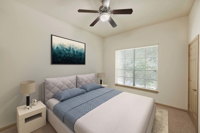 Bedroom with ceiling fan and carpet at Camden Greenway Apartments in Houston, TX