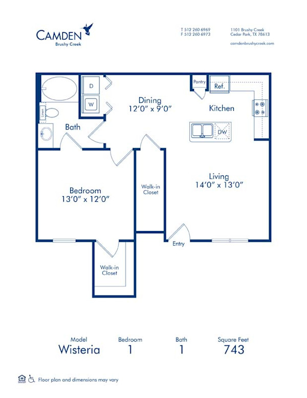 Blueprint of Wisteria Floor Plan, 1 Bedroom and 1 Bathroom at Camden Brushy Creek Apartments in Cedar Park, TX