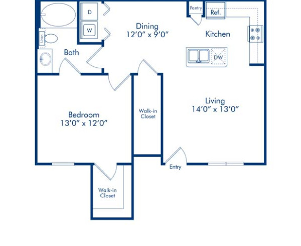 Blueprint of Wisteria Floor Plan, 1 Bedroom and 1 Bathroom at Camden Brushy Creek Apartments in Cedar Park, TX