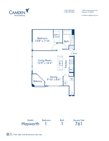 Blueprint of Hayworth Floor Plan, 1 Bedroom and 1 Bathroom at Camden World Gateway Apartments in Orlando, FL