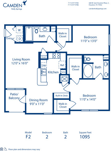 Blueprint of F2 Floor Plan, 2 Bedrooms and 2 Bathrooms at Camden Holly Springs Apartments in Houston, TX