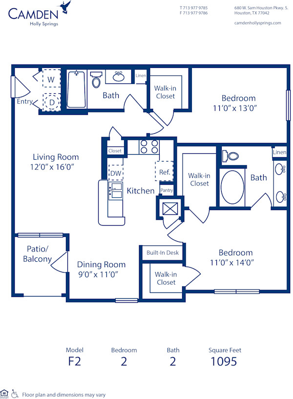 Blueprint of F2 Floor Plan, 2 Bedrooms and 2 Bathrooms at Camden Holly Springs Apartments in Houston, TX