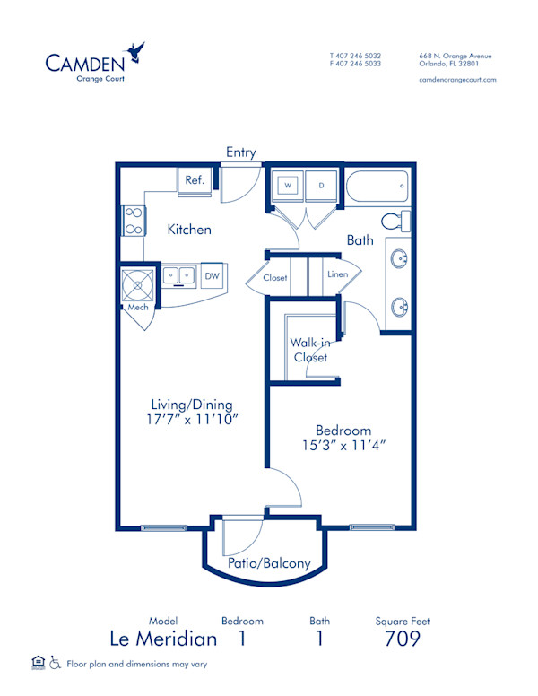 Blueprint of Le Meridian Floor Plan, 1 Bedroom and 1 Bathroom at Camden Orange Court Apartments in Orlando, FL
