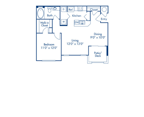 Blueprint of A Floor Plan, 1 Bedroom and 1 Bathroom at Camden Crown Valley Apartments in Mission Viejo, CA
