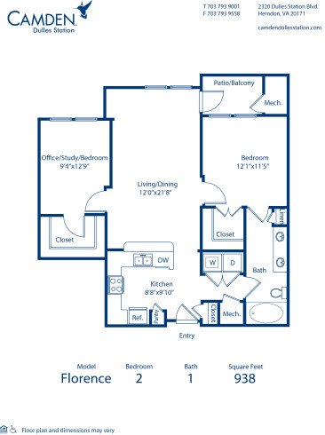 Blueprint of Florence Floor Plan, 2 Bedrooms and 1 Bathroom at Camden Dulles Station Apartments in Herndon, VA