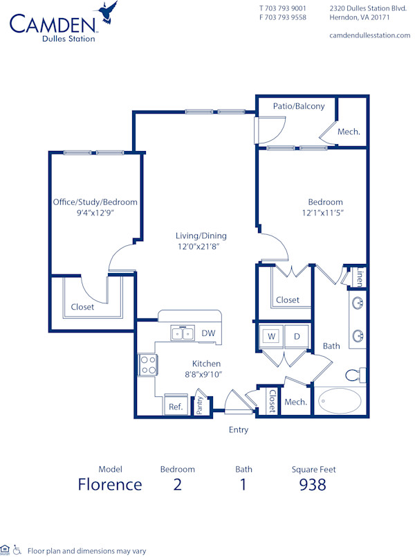 Blueprint of Florence Floor Plan, 2 Bedrooms and 1 Bathroom at Camden Dulles Station Apartments in Herndon, VA