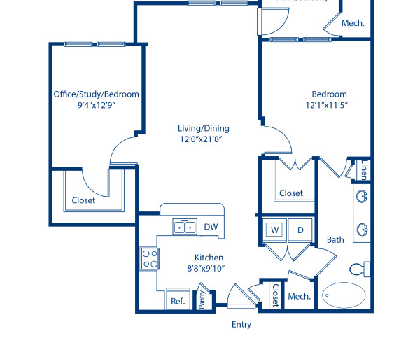 Blueprint of Florence Floor Plan, 2 Bedrooms and 1 Bathroom at Camden Dulles Station Apartments in Herndon, VA