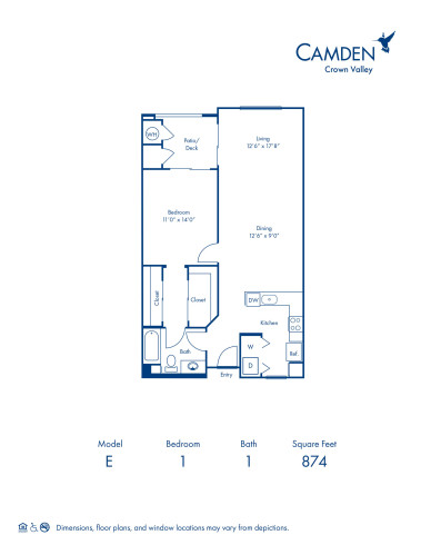 Blueprint of E Floor Plan, Apartment Home with 1 Bedroom and 1 Bathroom at Camden Crown Valley in Mission Viejo, CA