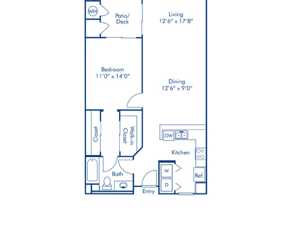 Blueprint of E Floor Plan, Apartment Home with 1 Bedroom and 1 Bathroom at Camden Crown Valley in Mission Viejo, CA