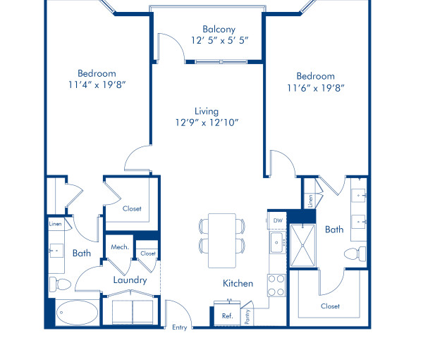 Camden Carolinian apartments in Raleigh, North Carolina two bedroom floor plan B3A