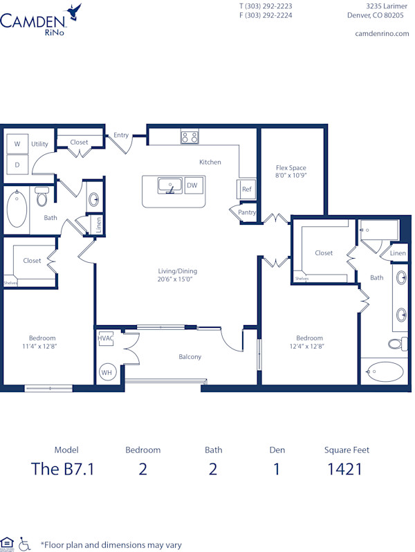 Camden Rino apartments in Denver two bedroom floor plan diagram, The B7.1
