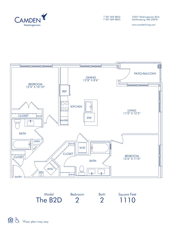 Blueprint of The B2D, 2 Bedroom 2 Bathroom Floor Plan at Camden Washingtonian Apartments in Gaithersburg, MD