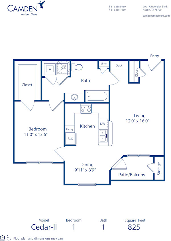 Blueprint of Cedar - II Floor Plan, 1 Bedroom and 1 Bathroom at Camden Amber Oaks II Apartments in Austin, TX